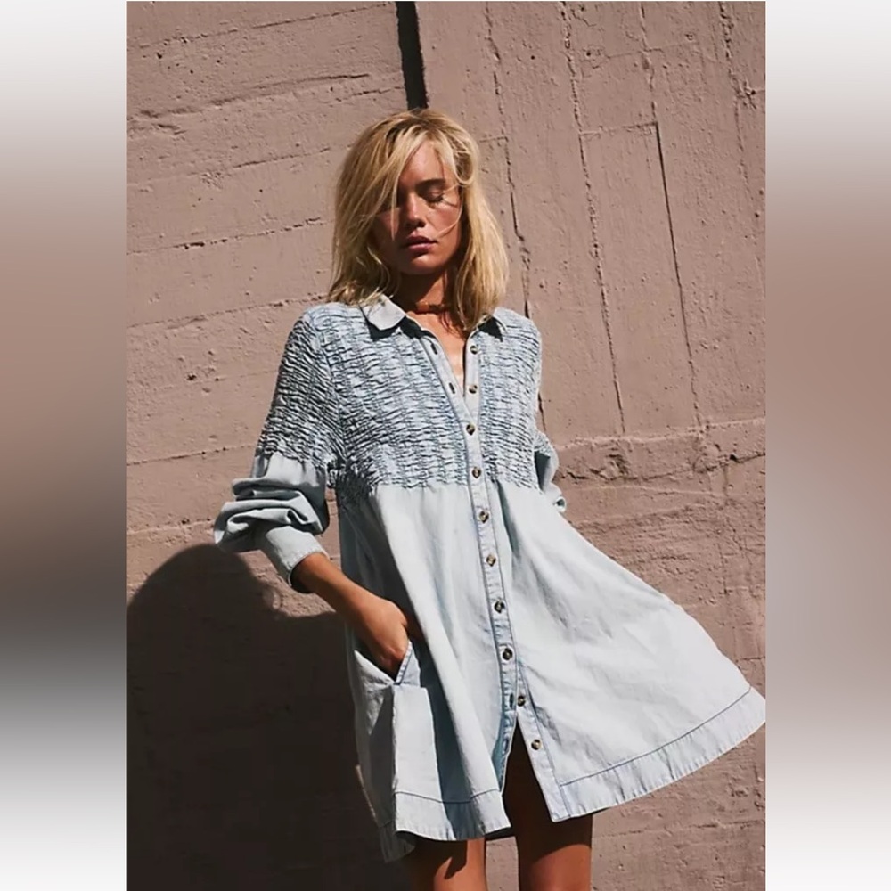 Free People Denim Find Me Now Mini Dress Button Up Textured Smocked Glacier